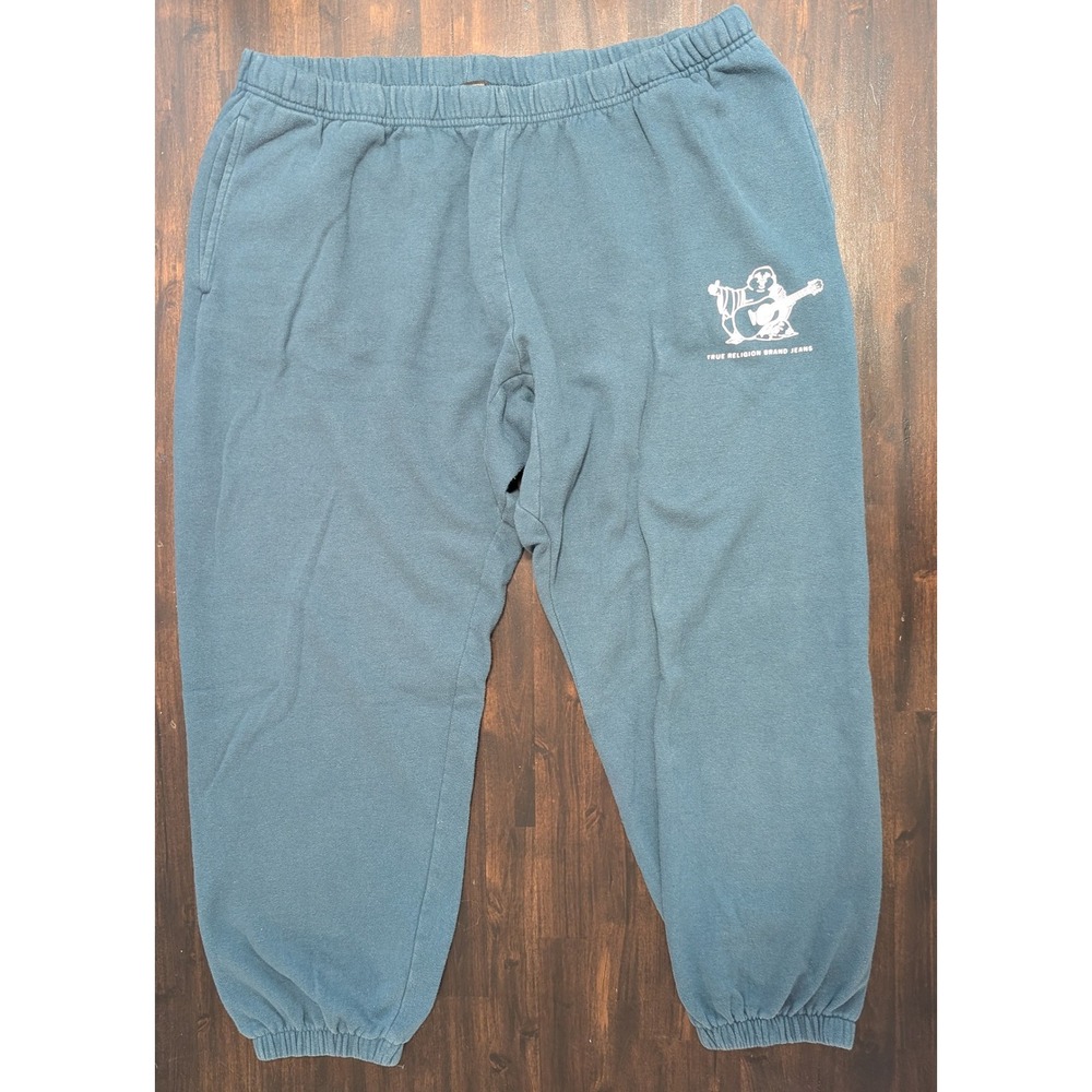 True Religion Mens XL Teal Blue Buddha Logo Fleece Jogger Sweatpants